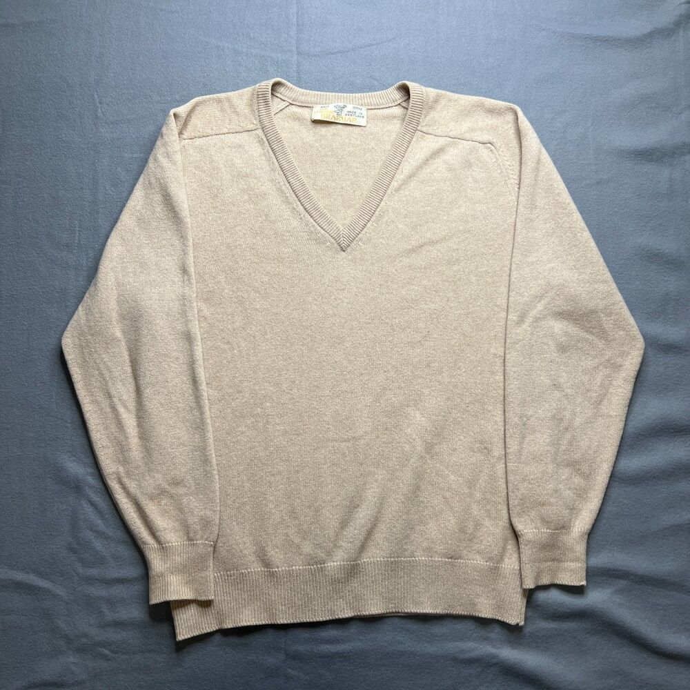 Vintage Braemar Sweater Men's Size 42 L Beige Cashmere Blend V-Neck Pullover